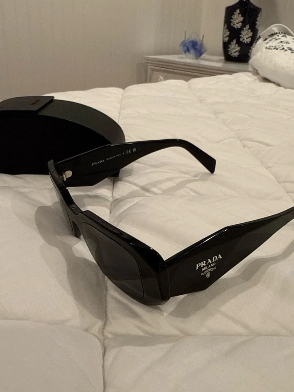 Prada Glossy Black Rectangular Sunglasses with Black Case